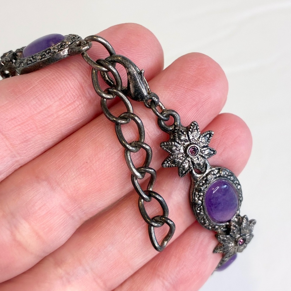 Vintage Premier Designs Bracelet Floral Purple Cabochon Rhinestone Silver Tone - Picture 7 of 11